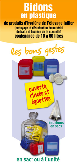 bidons plastiques de produits d'hygiène et élevage laitier